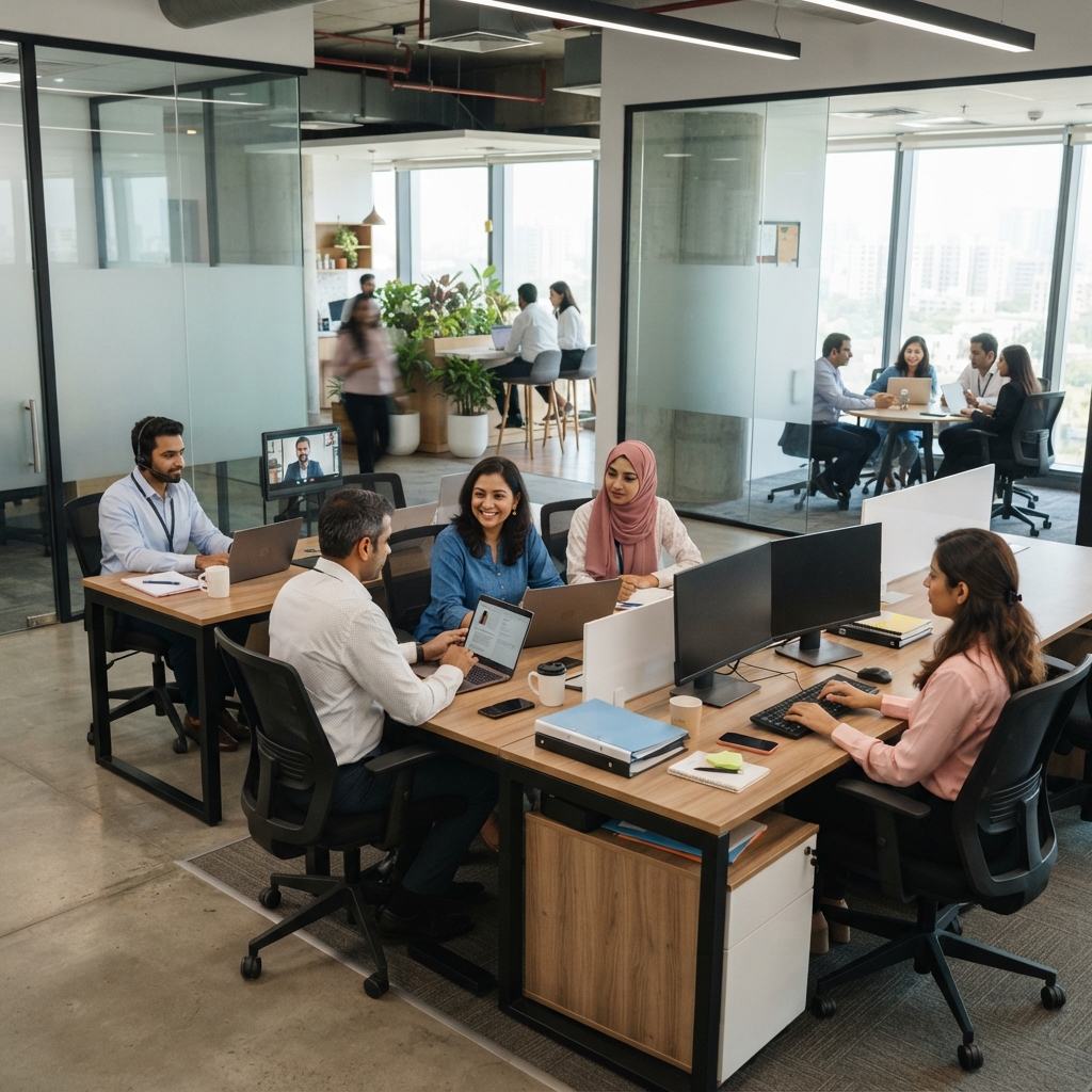 Corporate professionals in a modern office setting